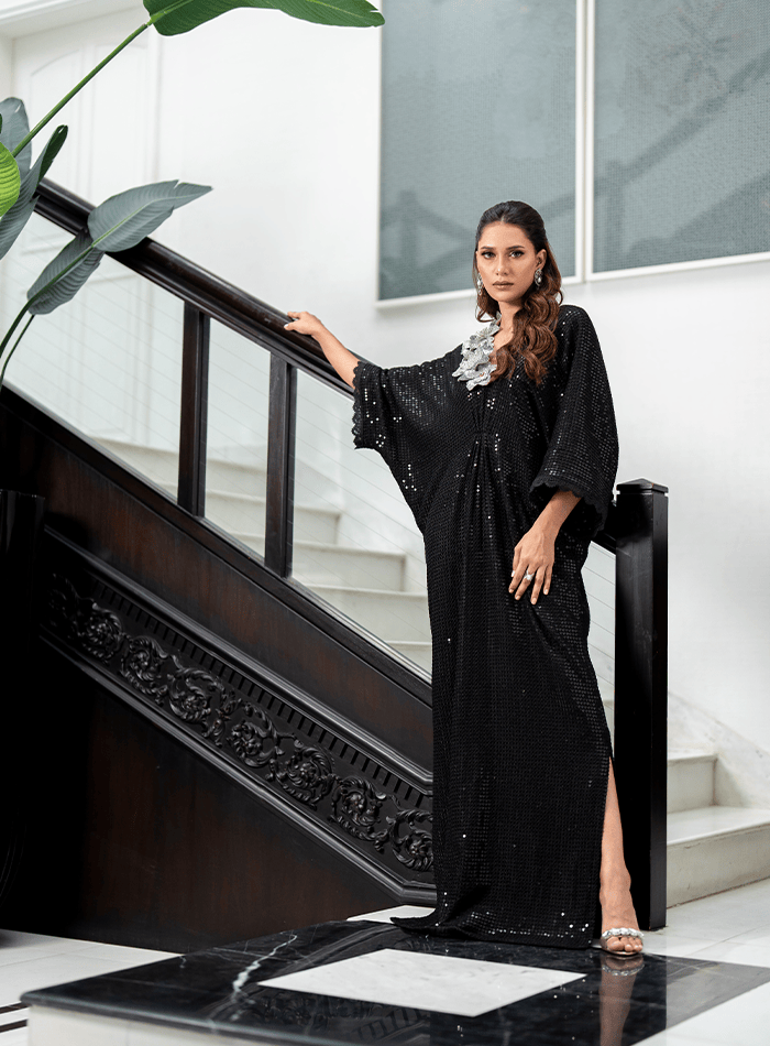 Black Sequined Kaftan with Crystal Encrusted Flowers