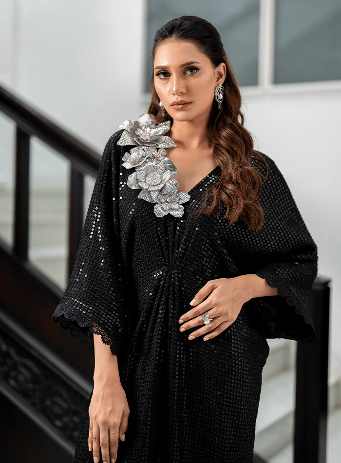 Black Sequined Kaftan with Crystal Encrusted Flowers