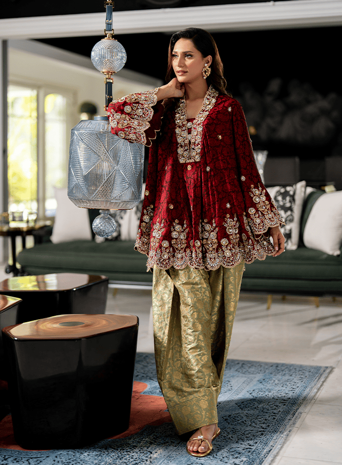 Red Embellished Bias Cut with Mint Green Farshi Shalwar