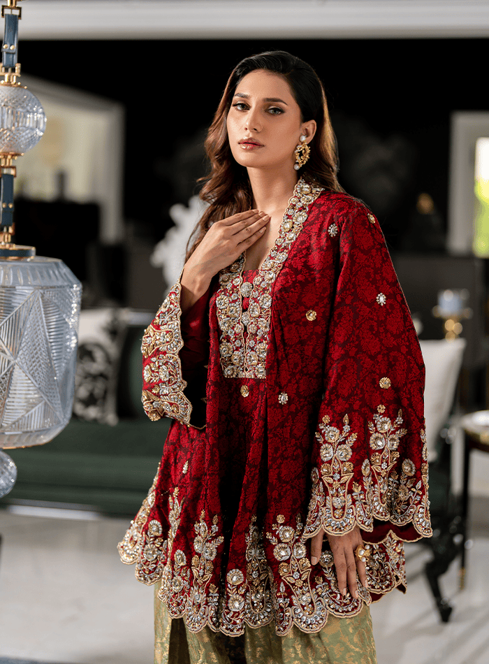 Red Embellished Bias Cut with Mint Green Farshi Shalwar