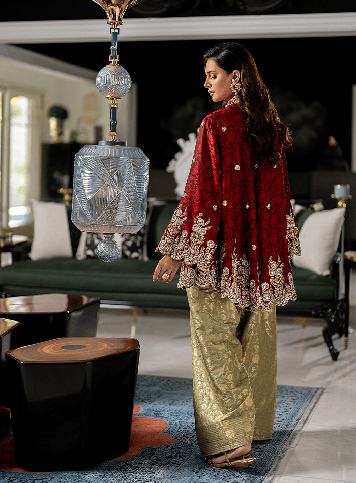 Red Embellished Bias Cut with Mint Green Farshi Shalwar
