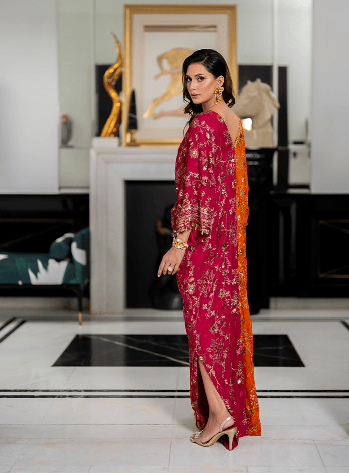 Pink and Orange Combination Kaftan with Hand Embellished Lacha