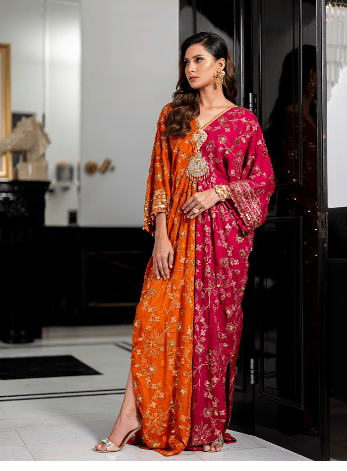 Pink and Orange Combination Kaftan with Hand Embellished Lacha