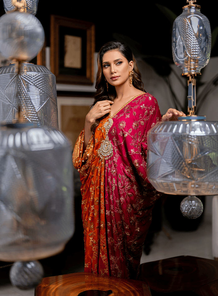 Pink and Orange Combination Kaftan with Hand Embellished Lacha