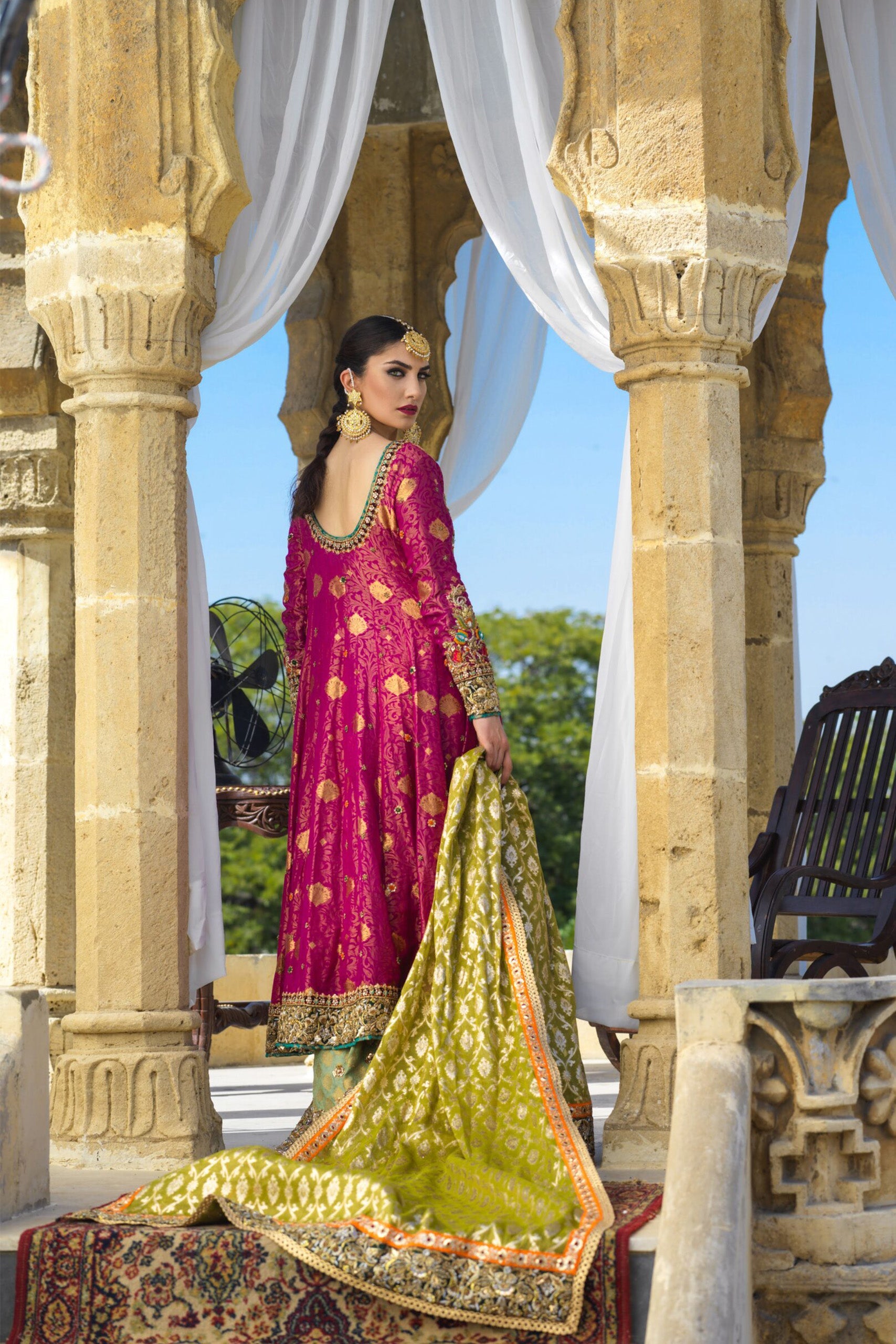 Magenta Jamawar Angarkha with Dhaka Pajama and Organza Dupatta