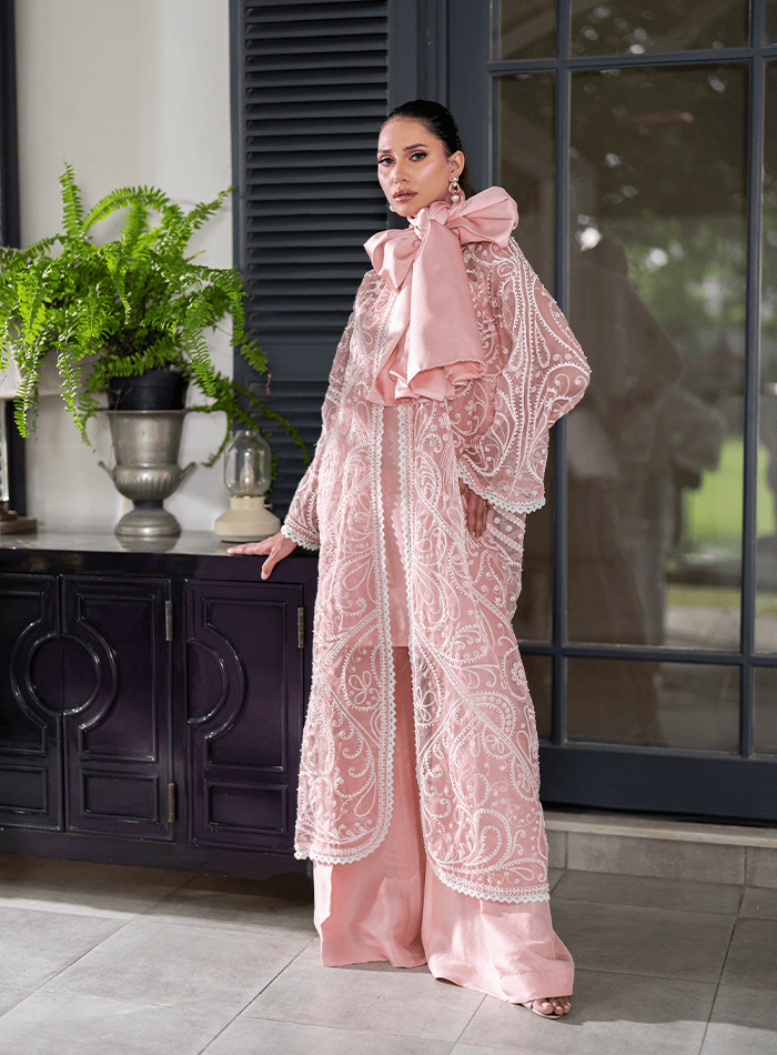 Pink Organza Pearl Embellished Coat with Slip and Trousers
