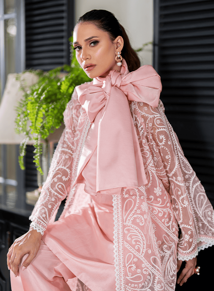 Pink Organza Pearl Embellished Coat with Slip and Trousers