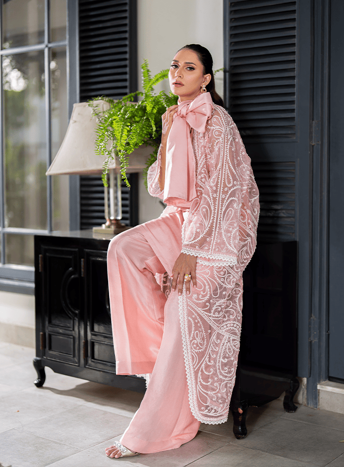 Pink Organza Pearl Embellished Coat with Slip and Trousers