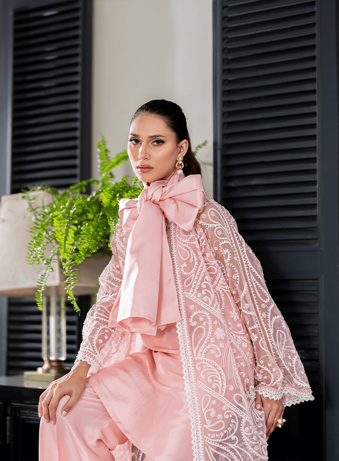 Pink Organza Pearl Embellished Coat with Slip and Trousers