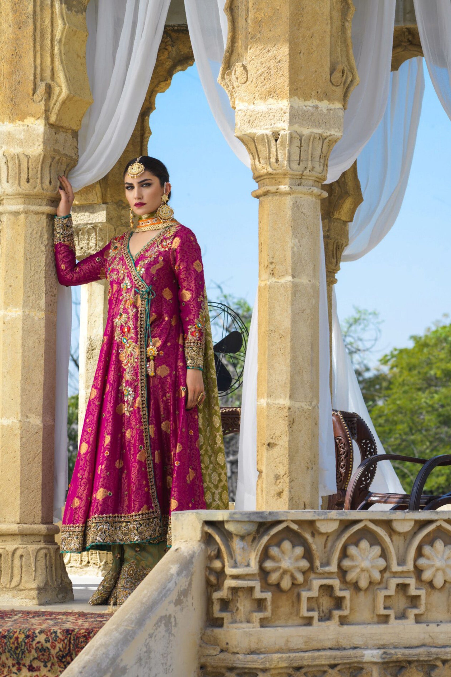 Magenta Jamawar Angarkha with Dhaka Pajama and Organza Dupatta