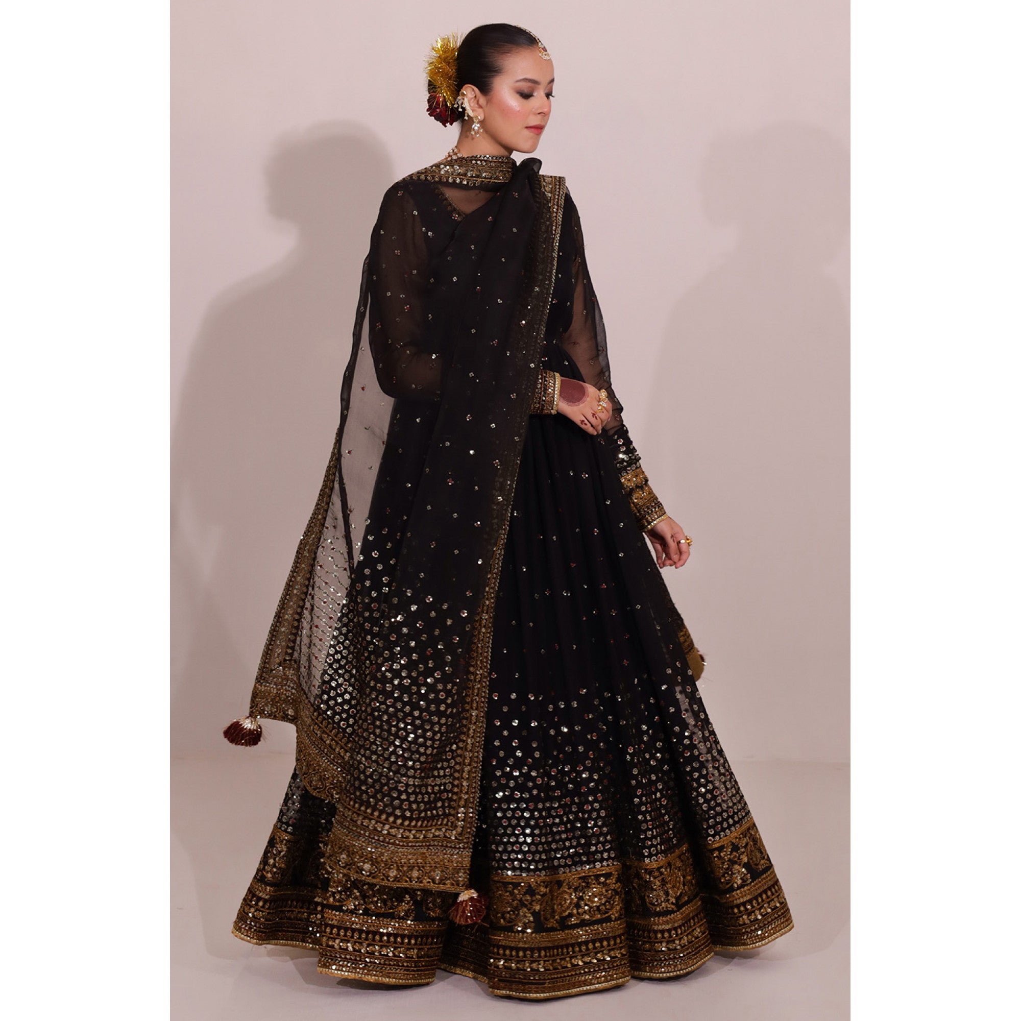 Jahan Ara Black Kalidar Suit | Chiffon Bamber Silk 3 Piece