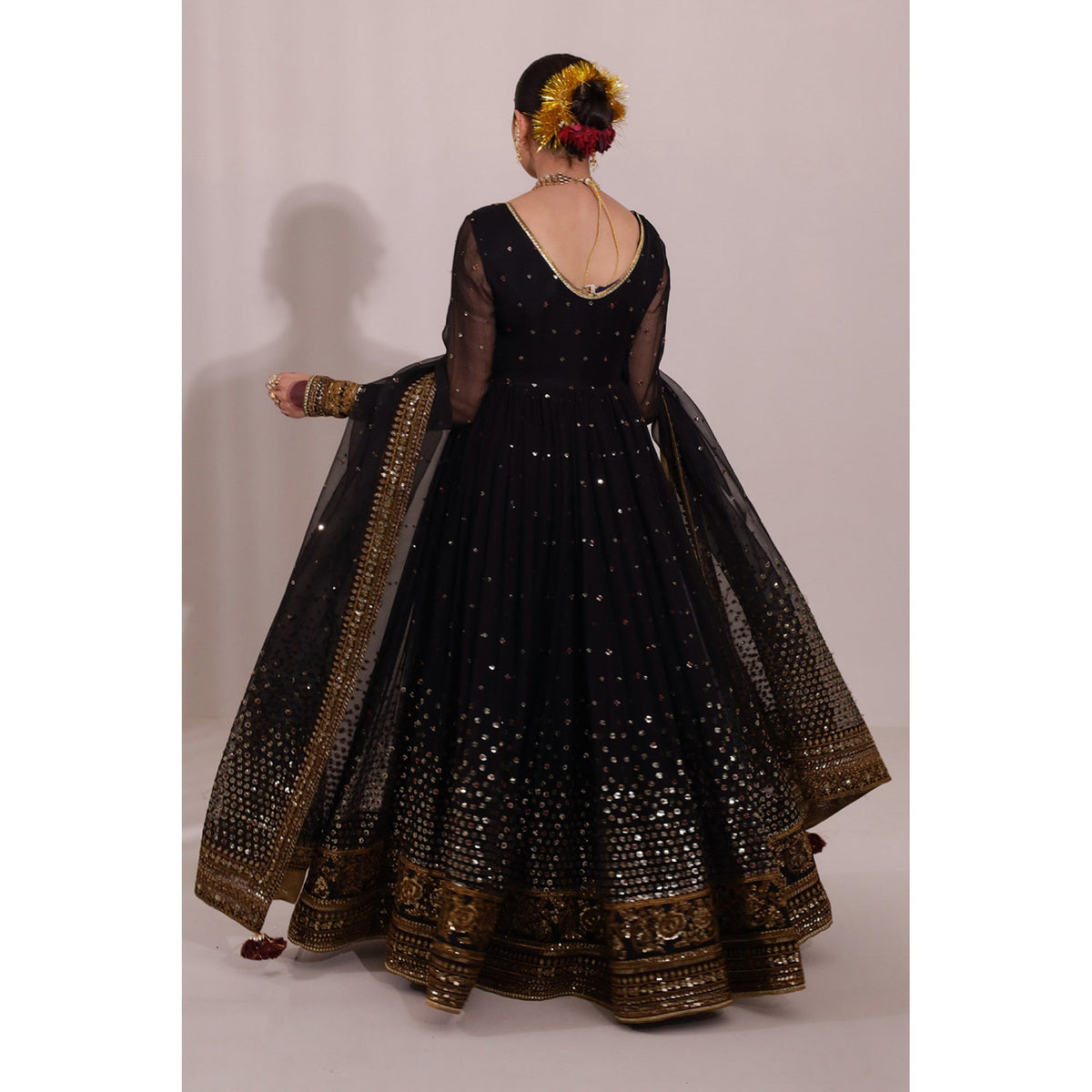 Jahan Ara Black Kalidar Suit | Chiffon Bamber Silk 3 Piece