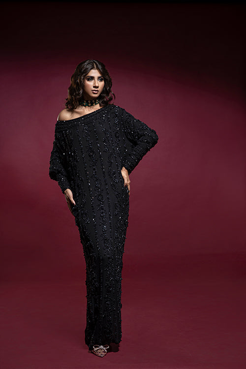 Black Self Embellished Kaftan