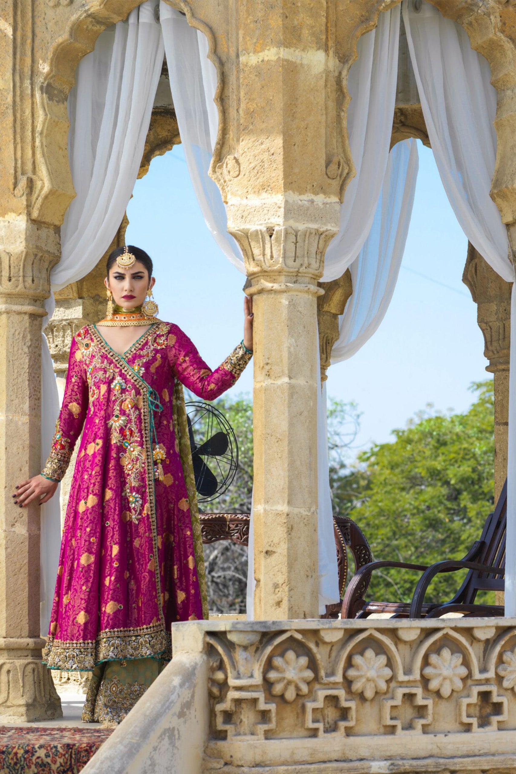 Magenta Jamawar Angarkha with Dhaka Pajama and Organza Dupatta