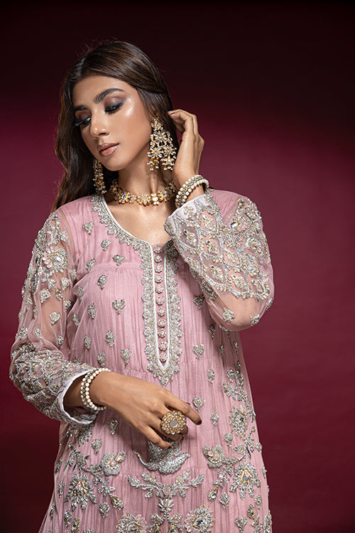 Pink Net Embellished Tunic with Silk Jhubba