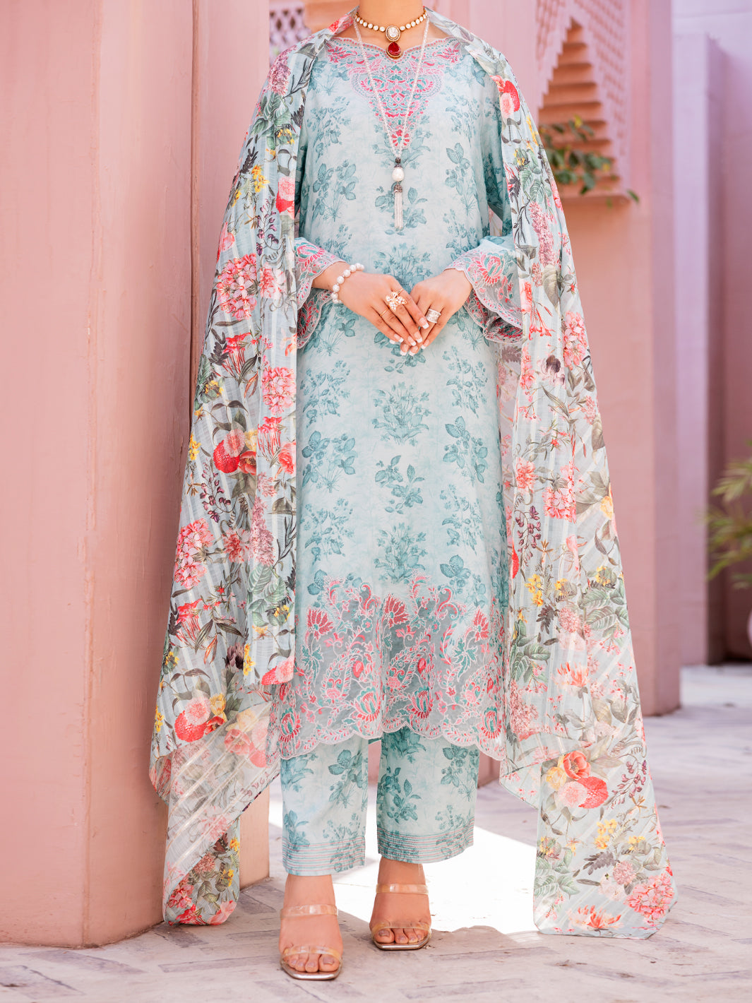 Aqua Blue Maple Silk 3Pc Unstitched - ALP-3PS-1914