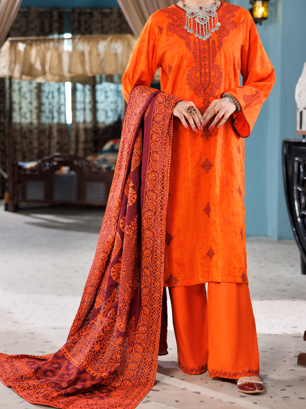 Orange Cotton Dobby 3Pc Unstitched - ALP-3PS-1924