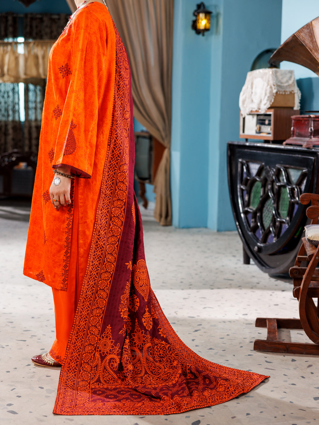 Orange Cotton Dobby 3Pc Unstitched - ALP-3PS-1924