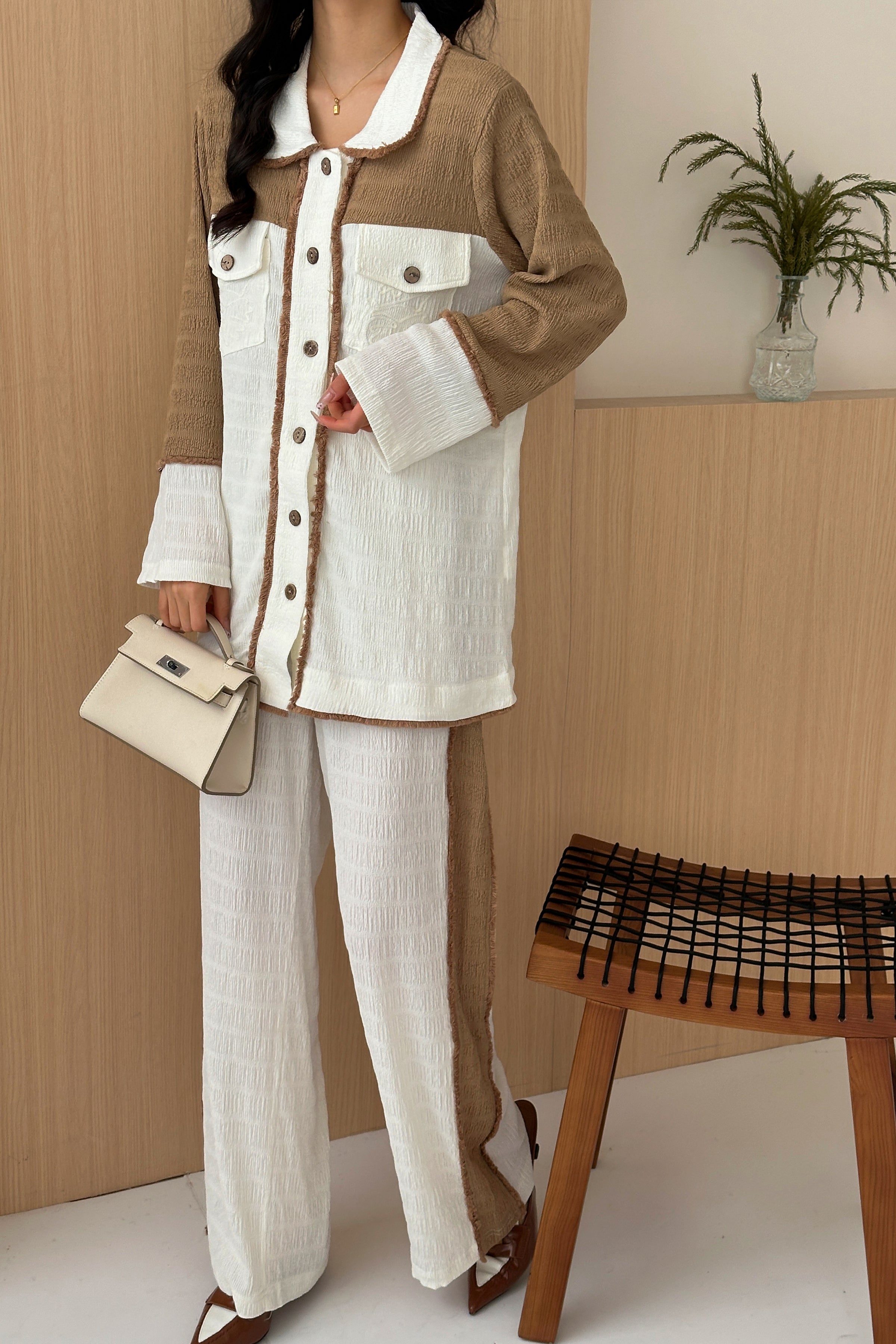 Macau textured suit with patchwork details
