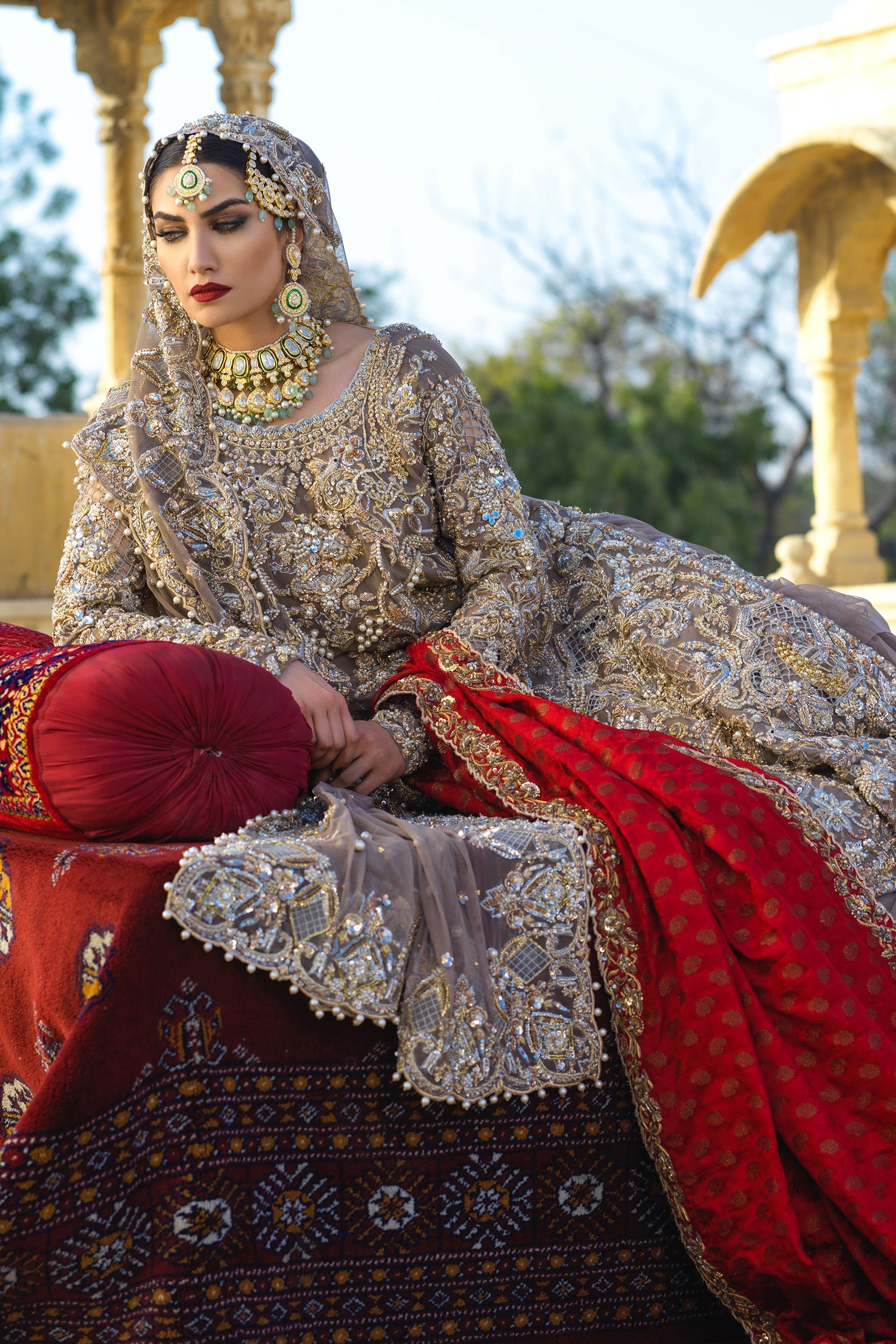 Tulle Net Tunic with Tiered Lehenga and Tulle Dupatta/Red Jamawar Dupatta