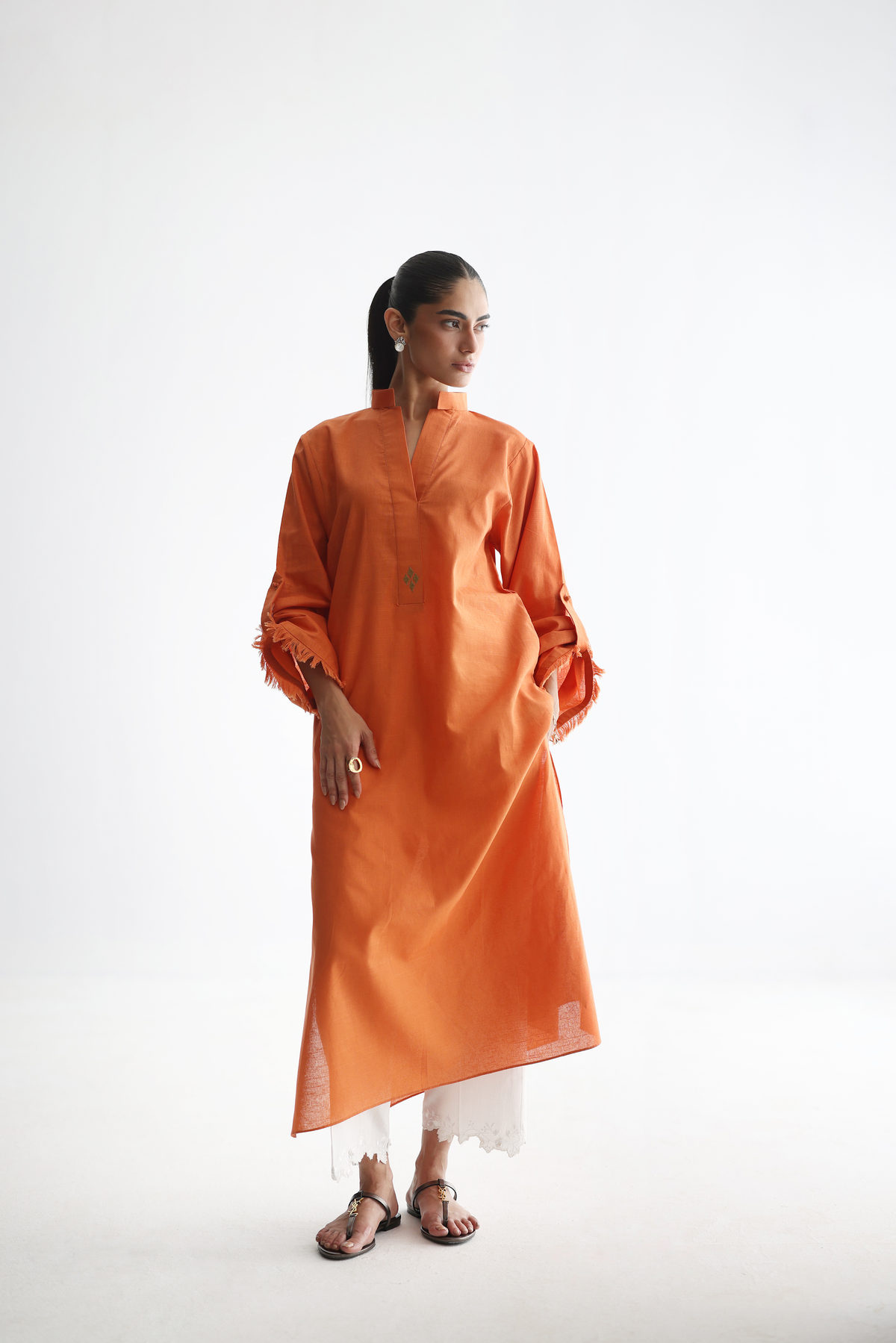 Burnt Orange - Buttoned-up Sleeves Kurta