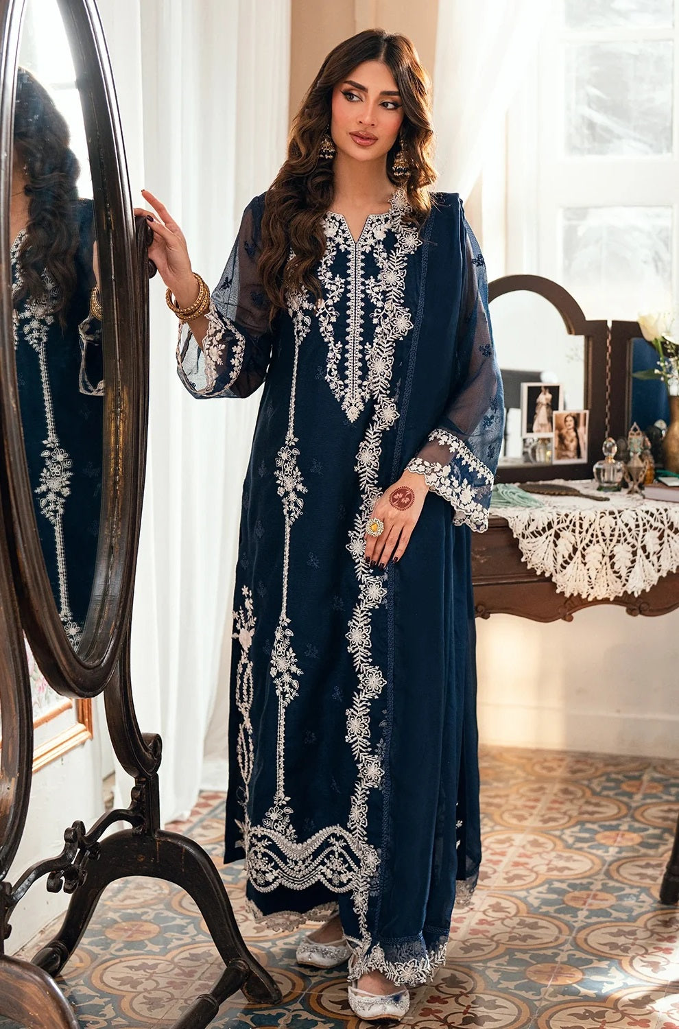 Azure Stellar Blue Luxury Chiffon Embroidered 3Pc Unstitched Suit PA-213