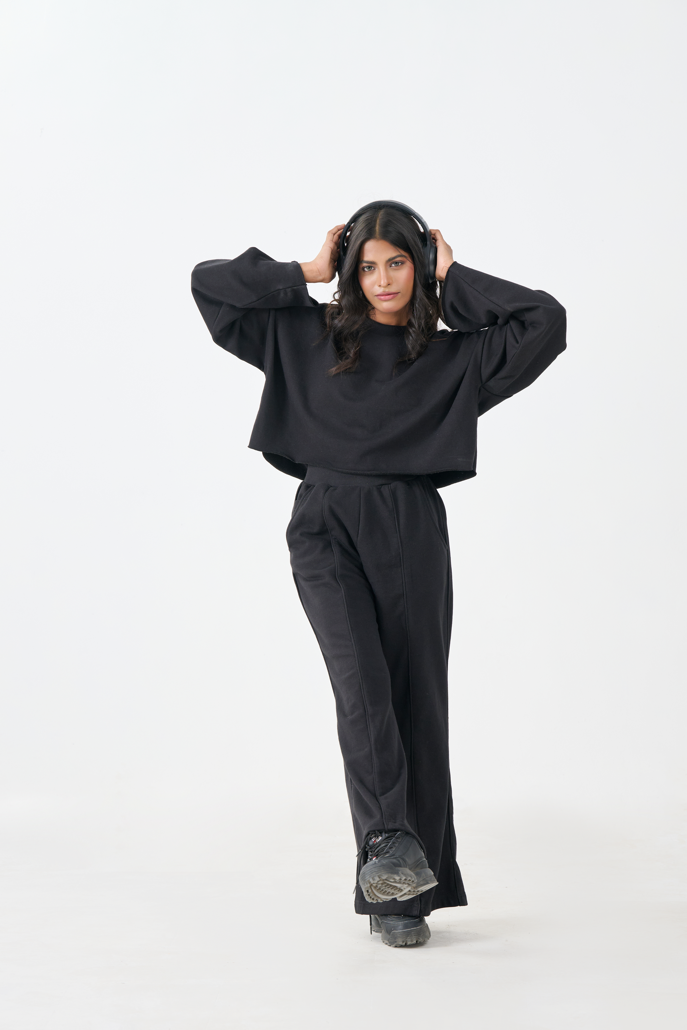 French Terry Crop Long Sleeve Top (Black)