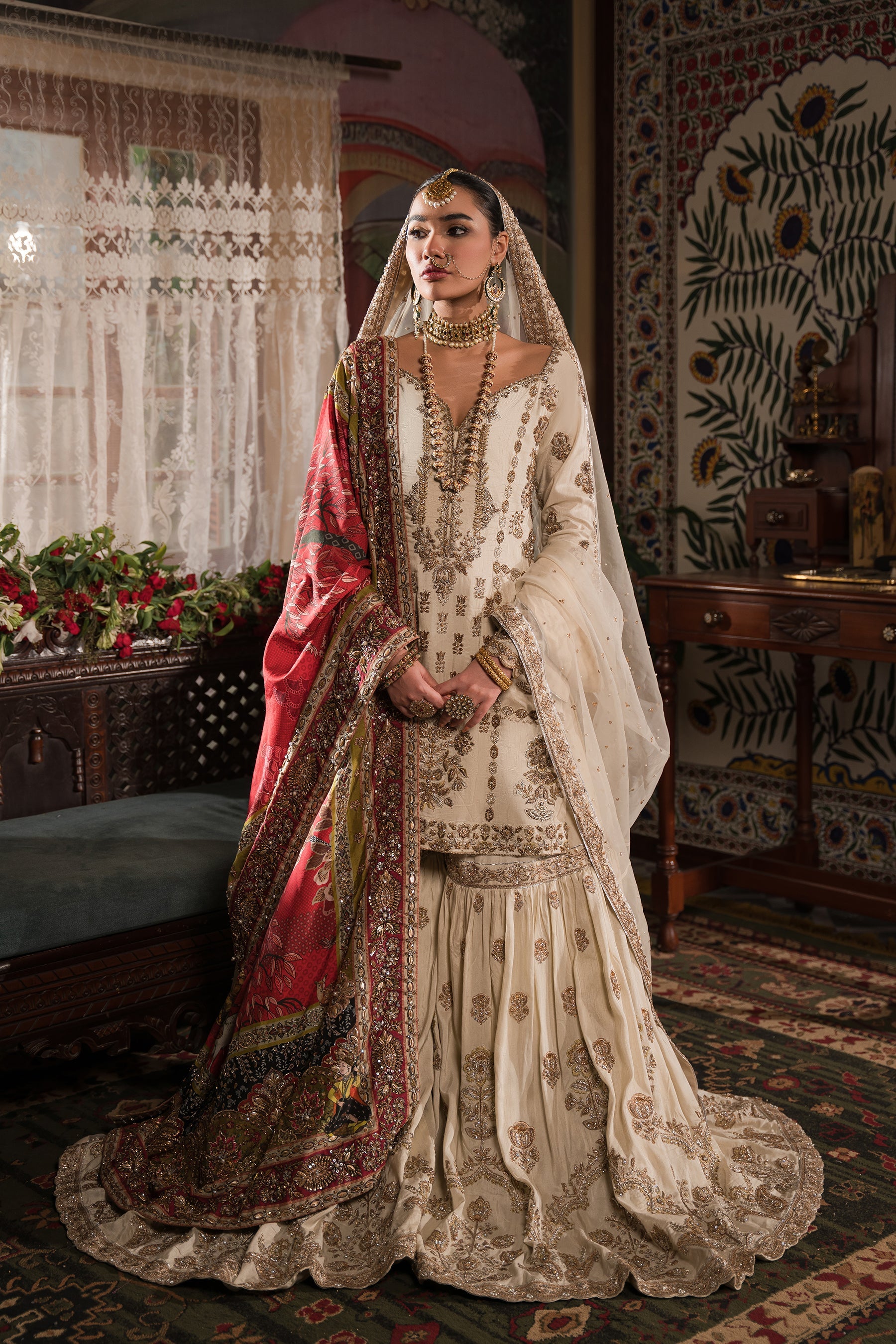 Ivory and Gold Gharara Set - With Light Dupatta (BR-04A)