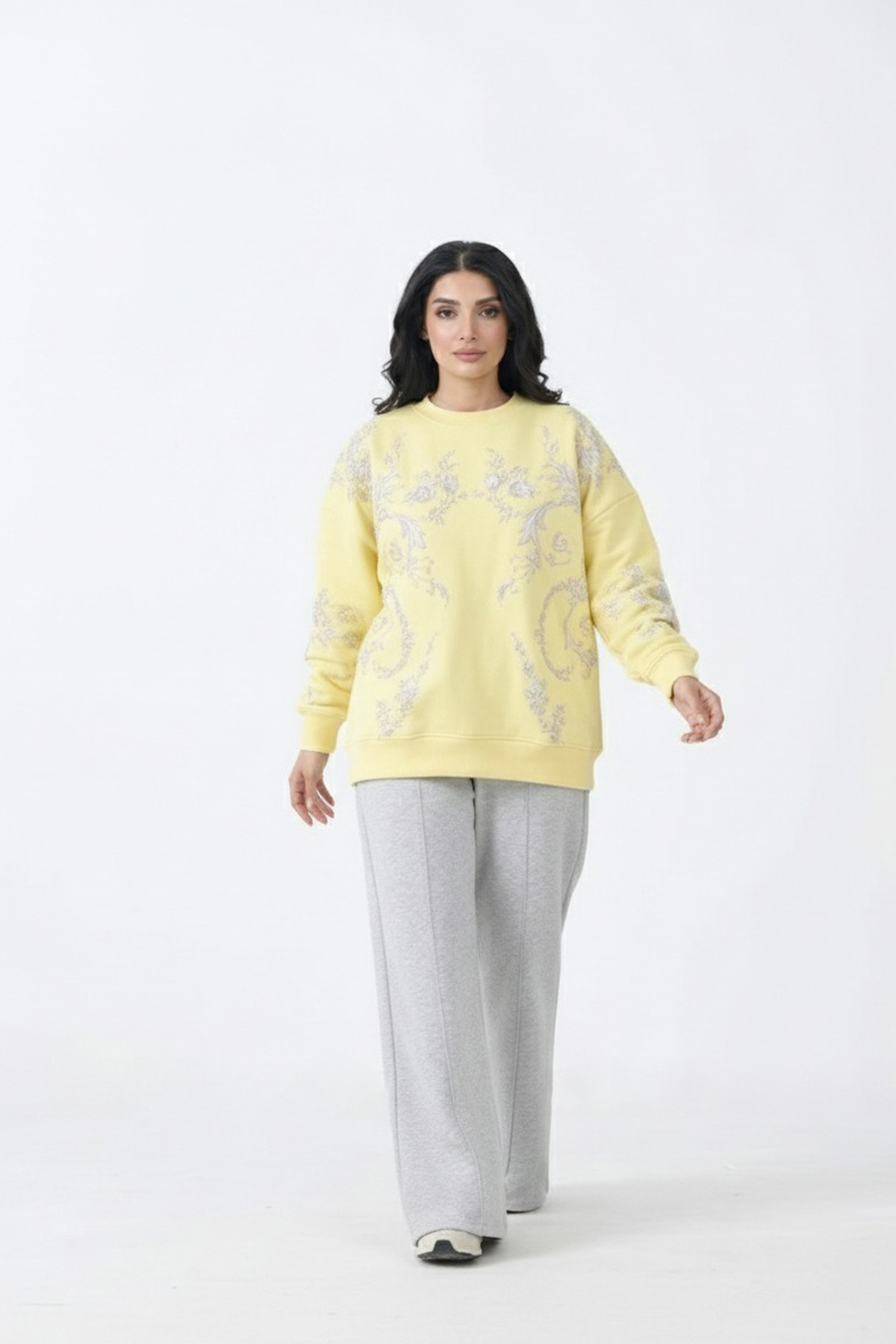 Loose Fit Fleece Sweatshirt with Emboss Print (Yellow)
