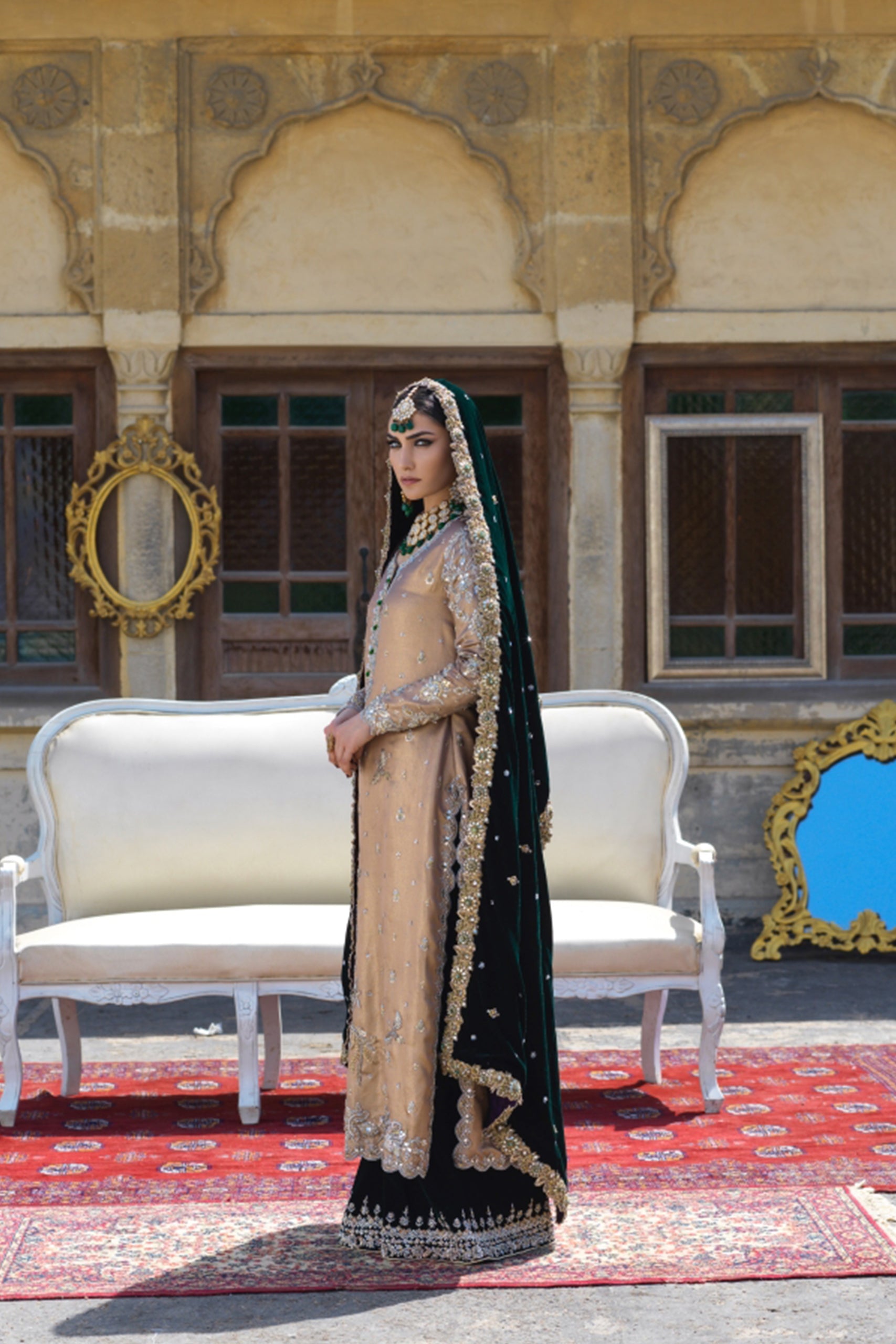 Rose Gold Lamé Tunic with Bottle Green Velvet Izaar and Chadar