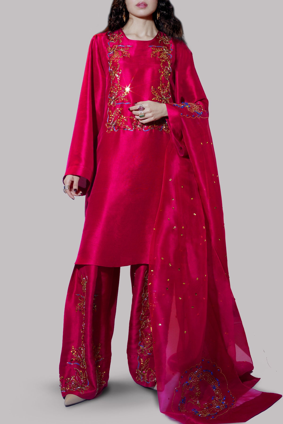 Crimson Embellished Raw Silk Set