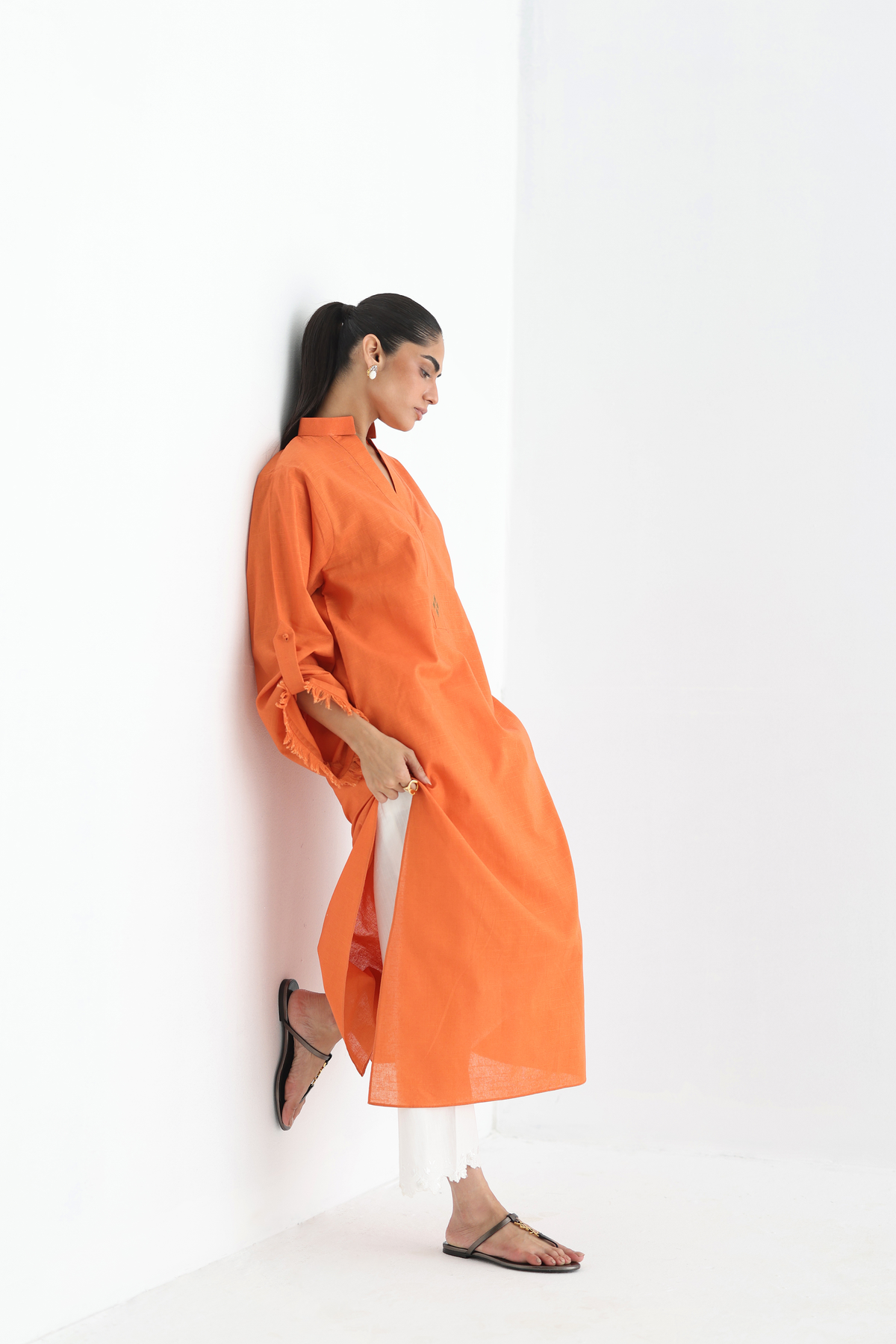 Burnt Orange - Buttoned-up Sleeves Kurta