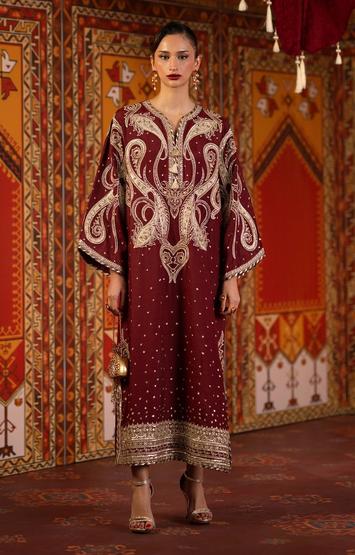 Poshkari Luxury Silk Embroidered 3Pc Unstitched Kaftan Suit PA 0093