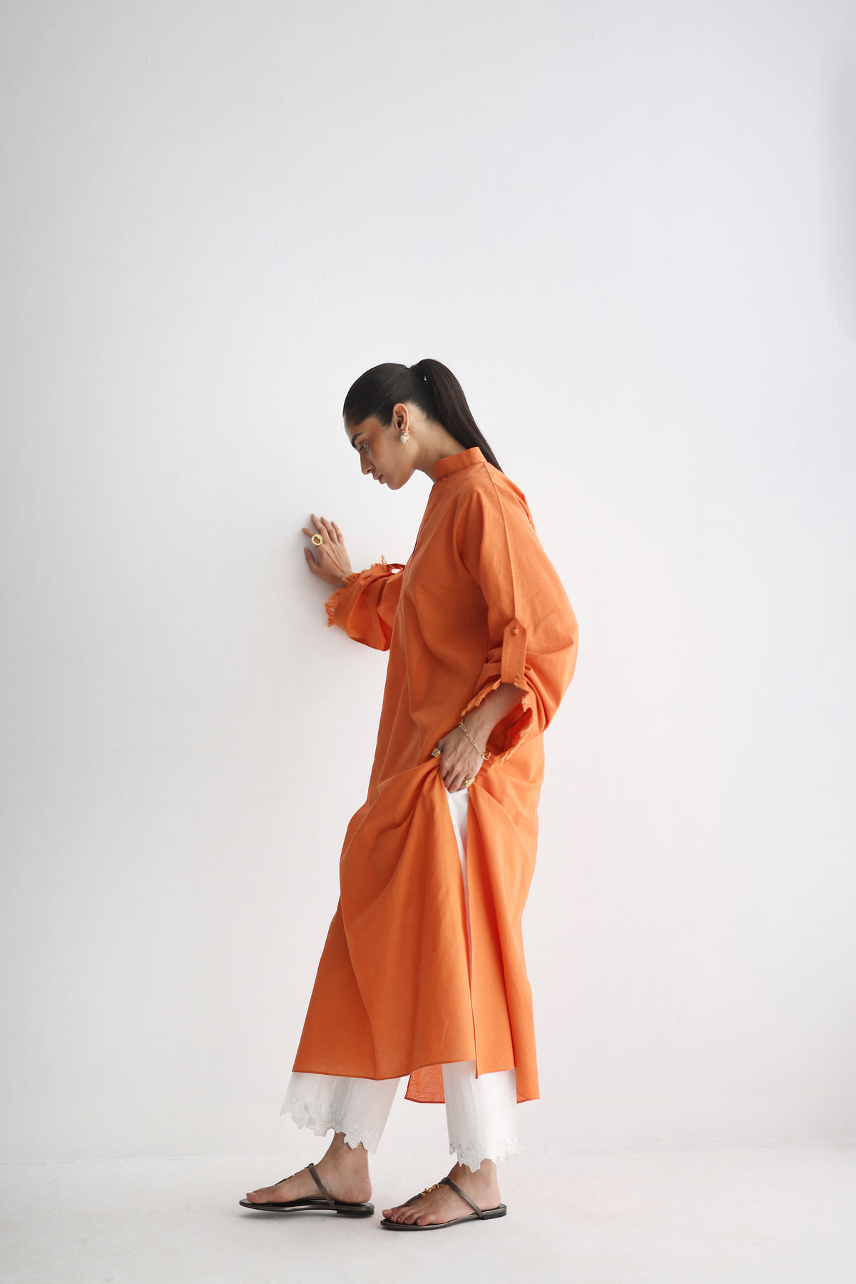 Burnt Orange - Buttoned-up Sleeves Kurta