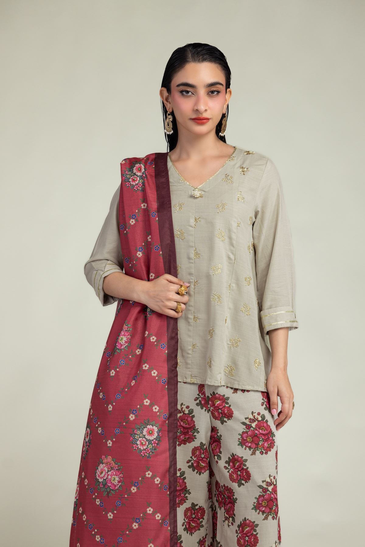 Beige V-Neck Kurta