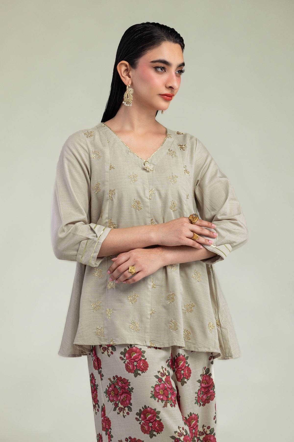Beige V-Neck Kurta