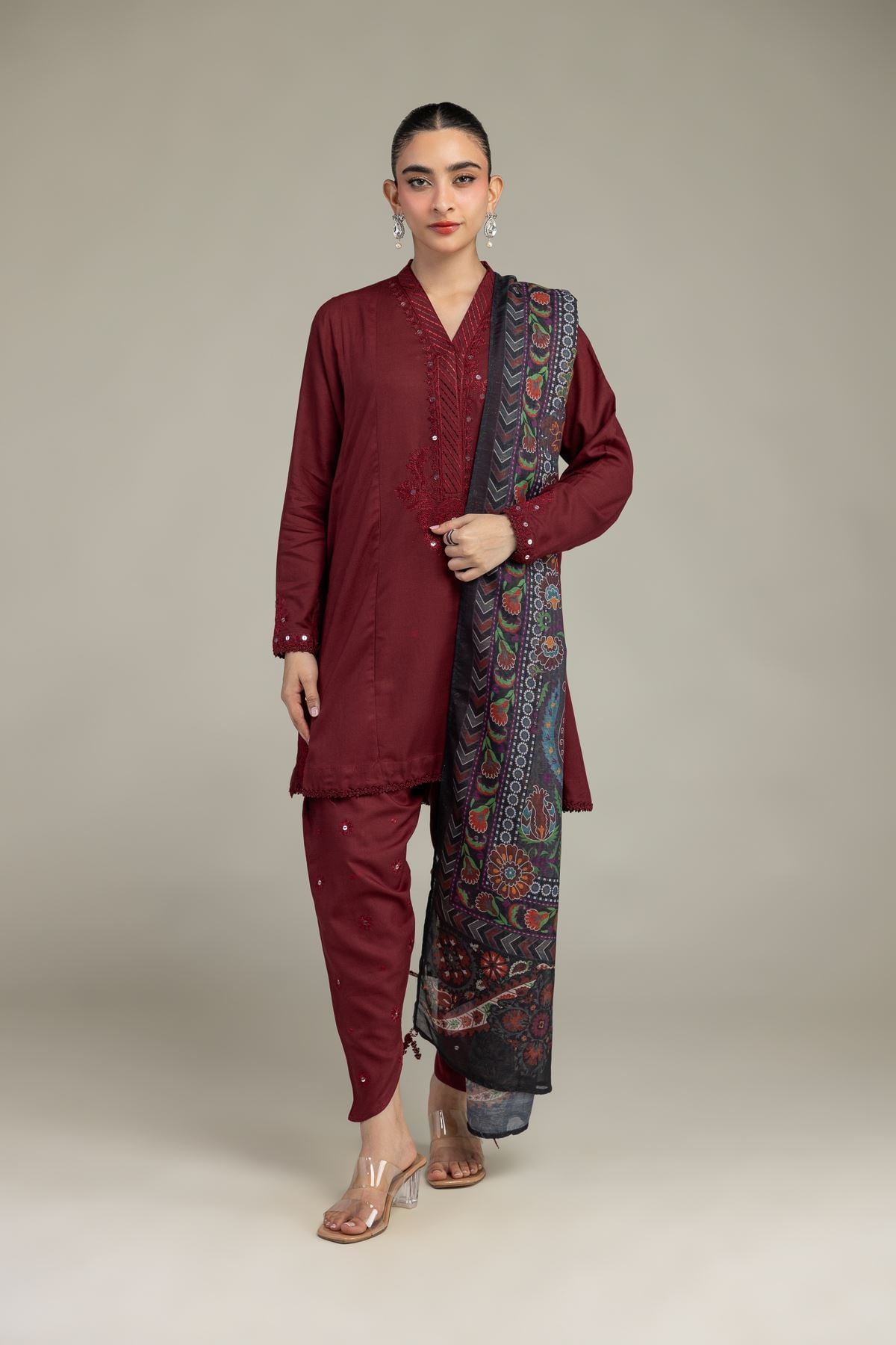 Maroon V-Neck Kurta