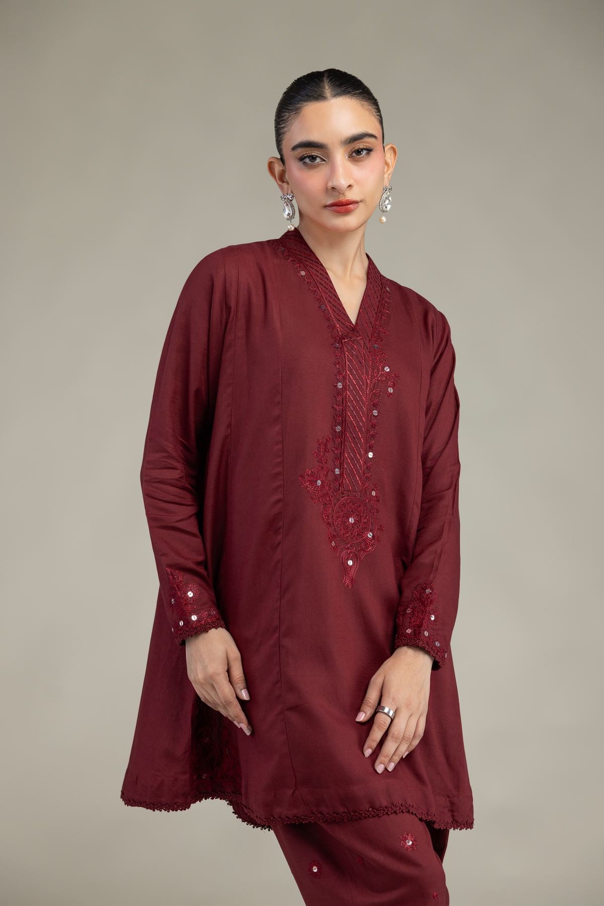 Maroon V-Neck Kurta