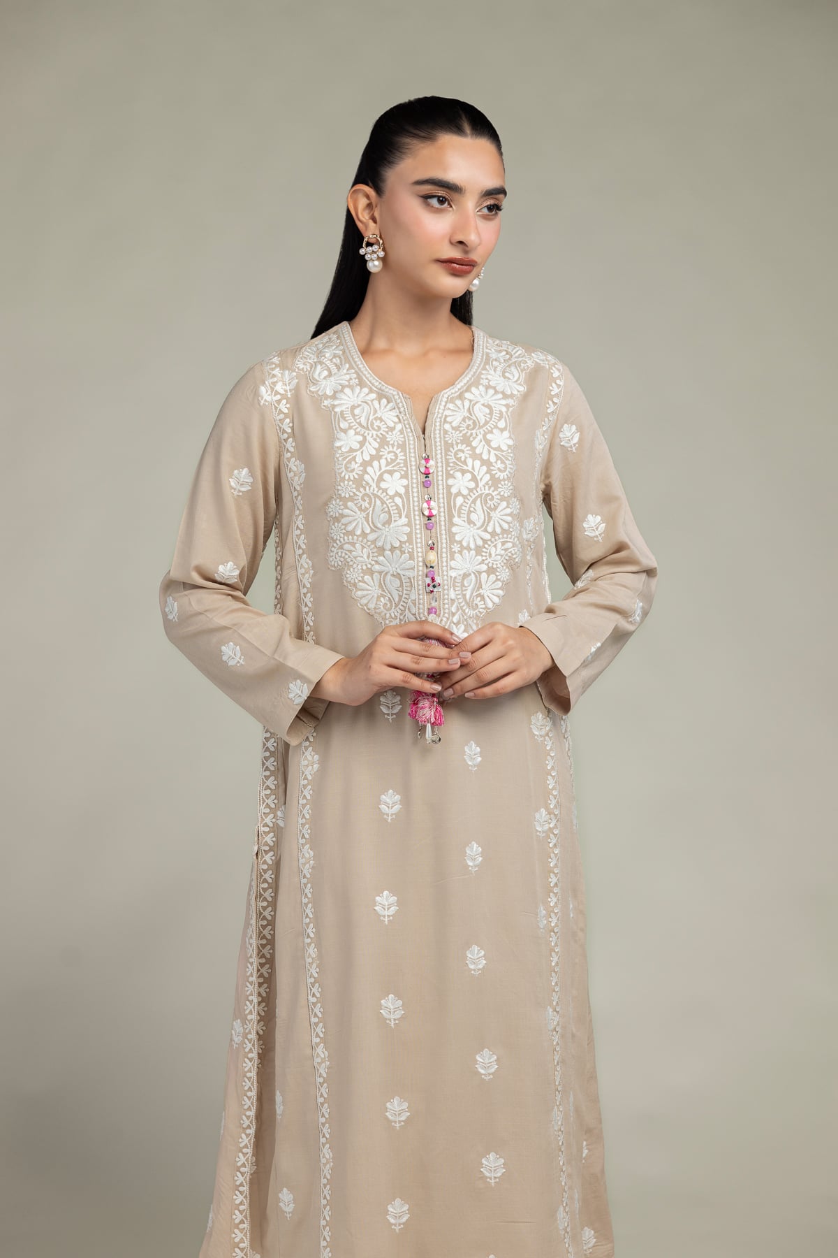 Beige Embroidered Kurta