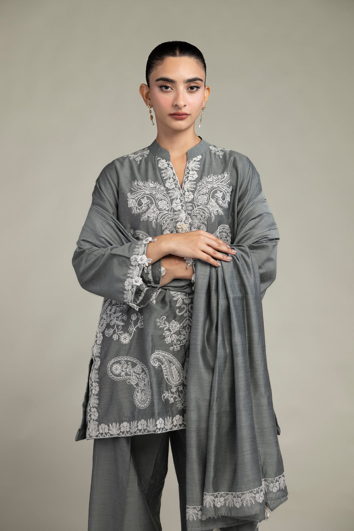 Gray Floral Dupatta
