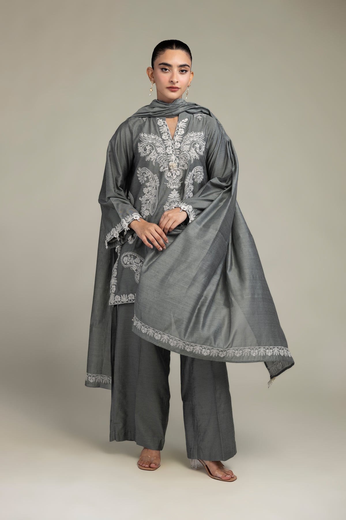 Gray Floral Dupatta