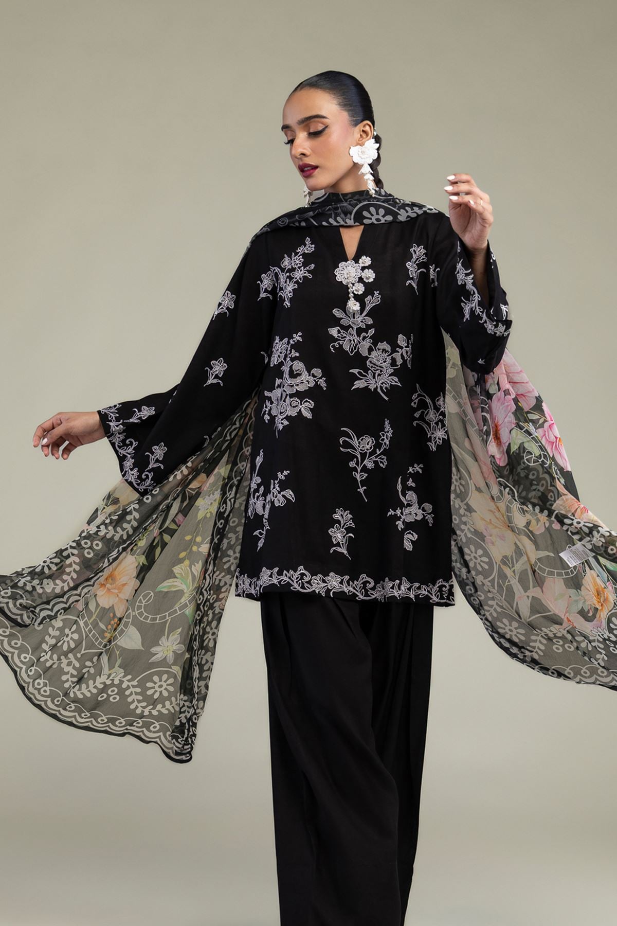 Floral Black Dupatta
