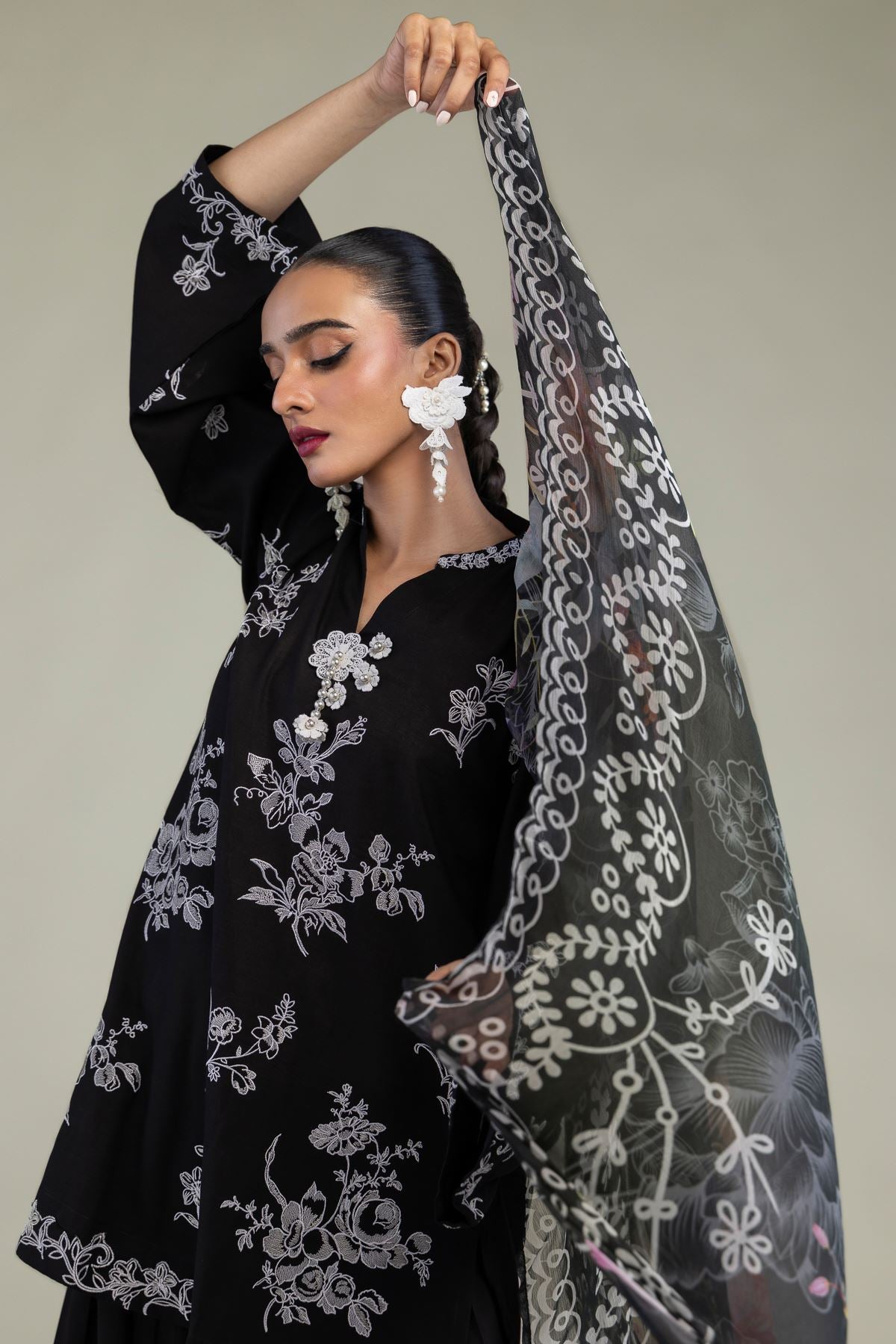 Floral Black Dupatta