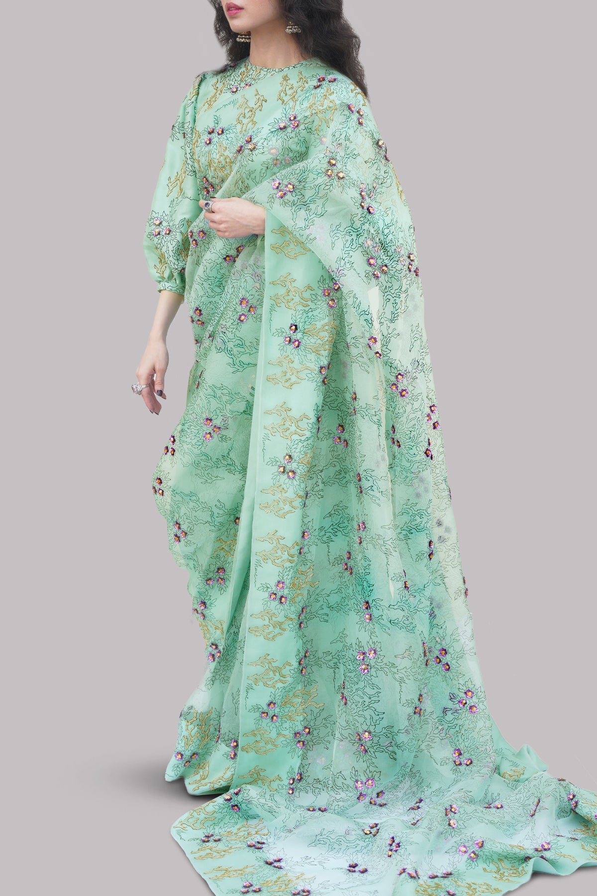 Brook Green Block Printed & Embellished Organza Sari