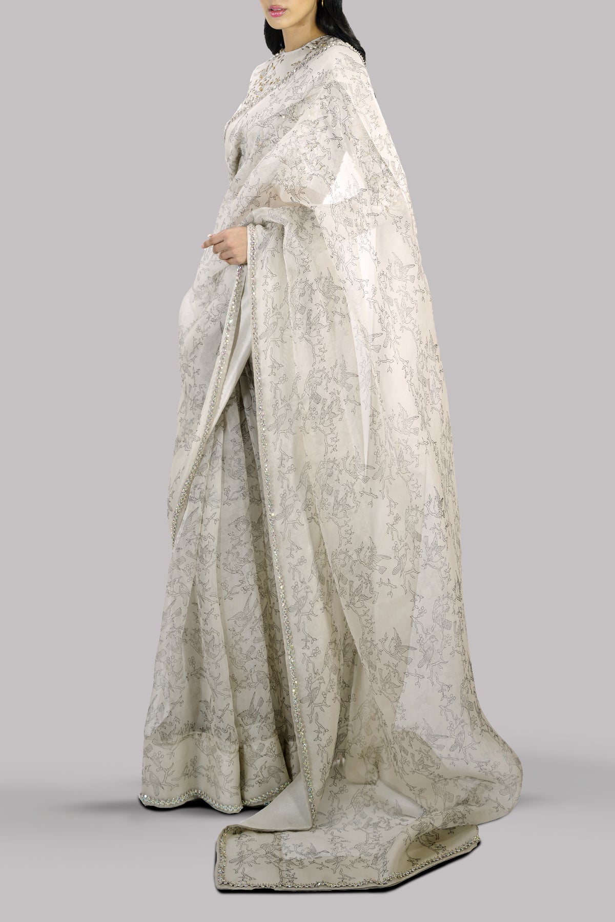 White Swan Block Printed and Embellished Organza Sari