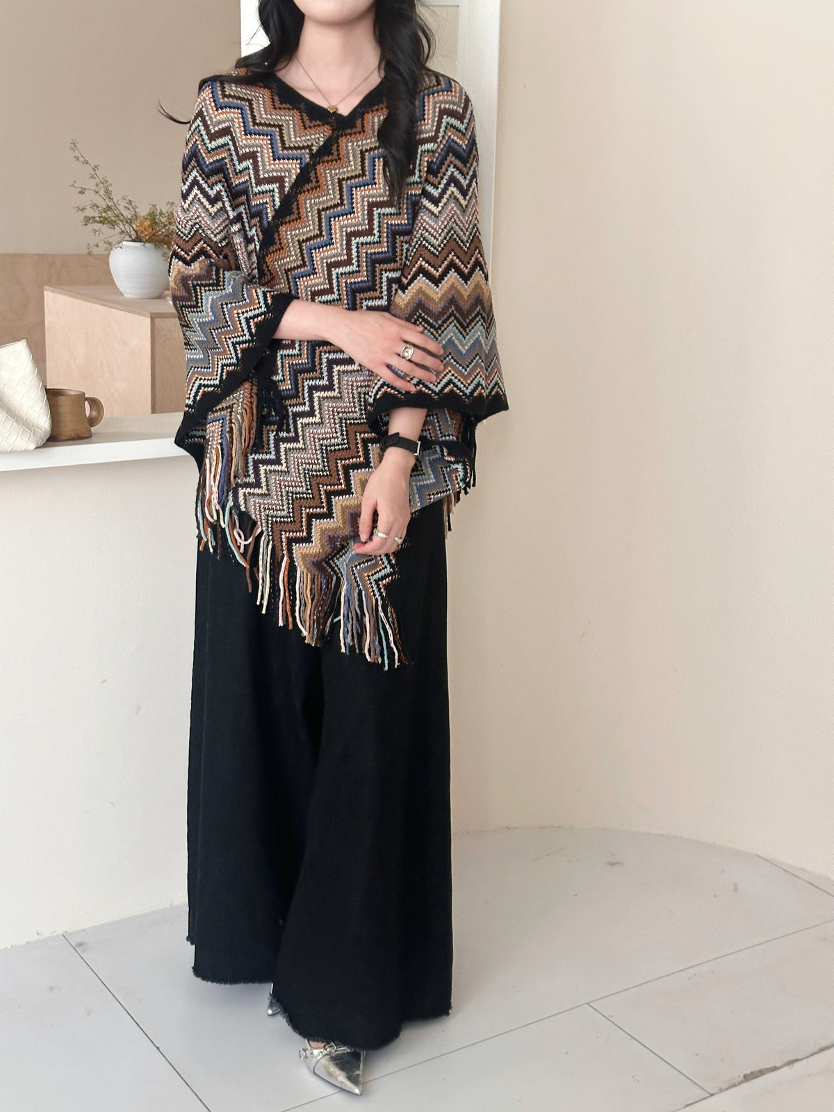 Kai Zig Zag Chevron Knitted Cape Brown