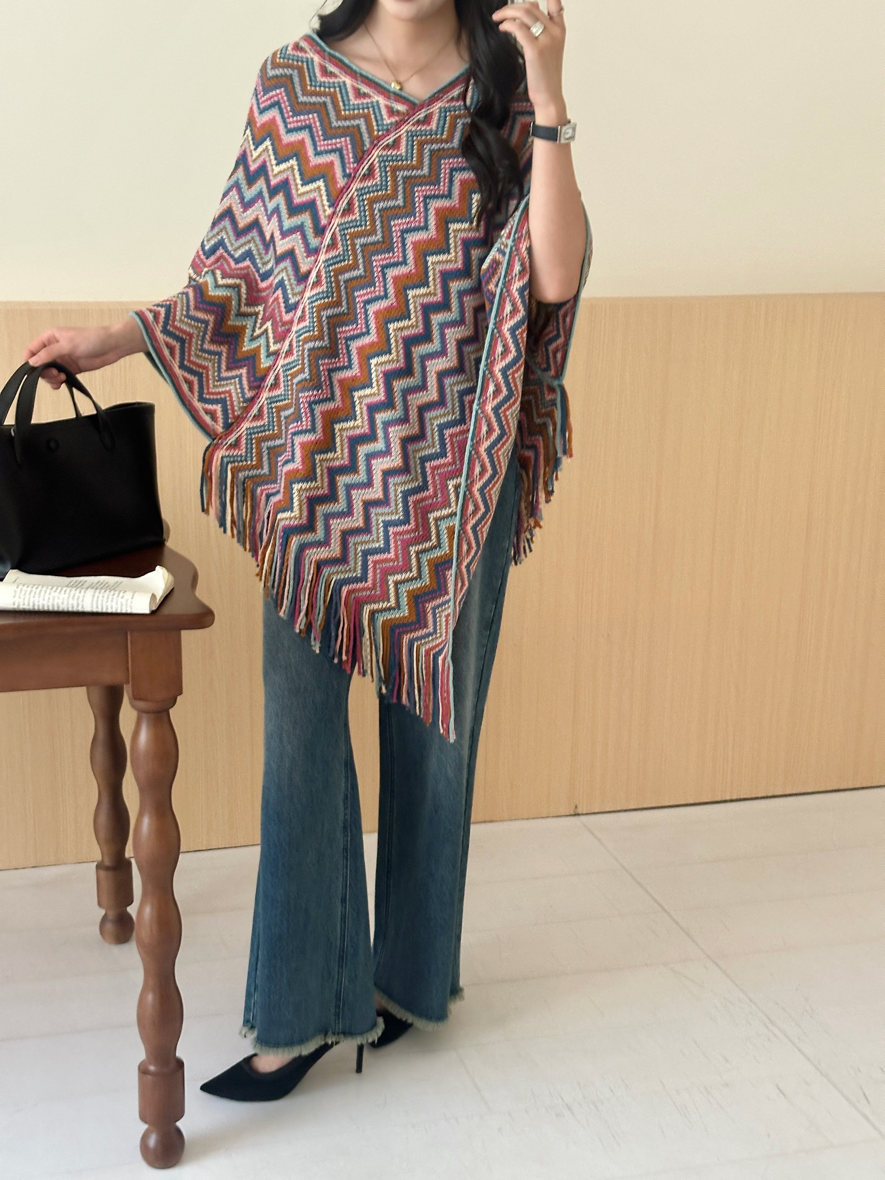 Kai Zig Zag Chevron Knitted Cape Blue
