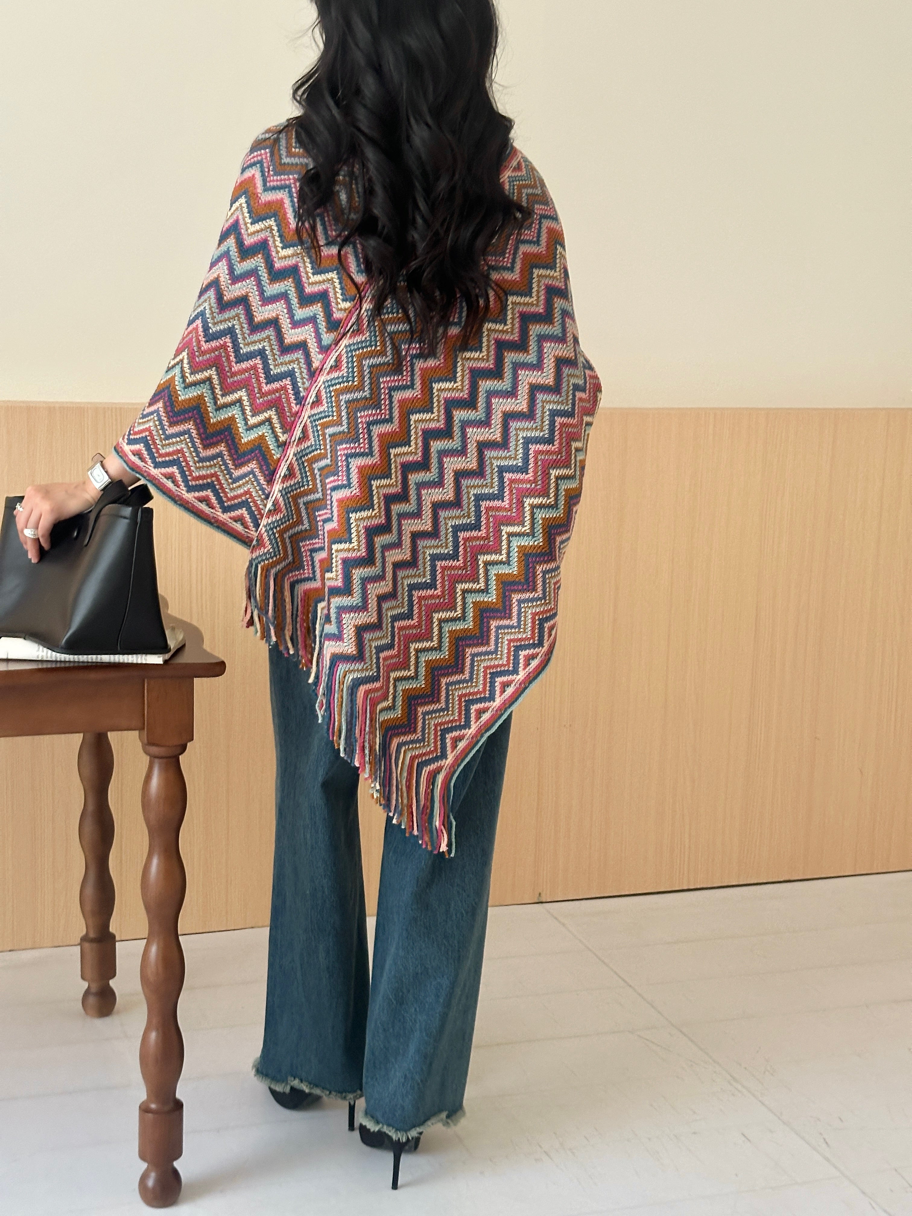 Kai Zig Zag Chevron Knitted Cape Blue