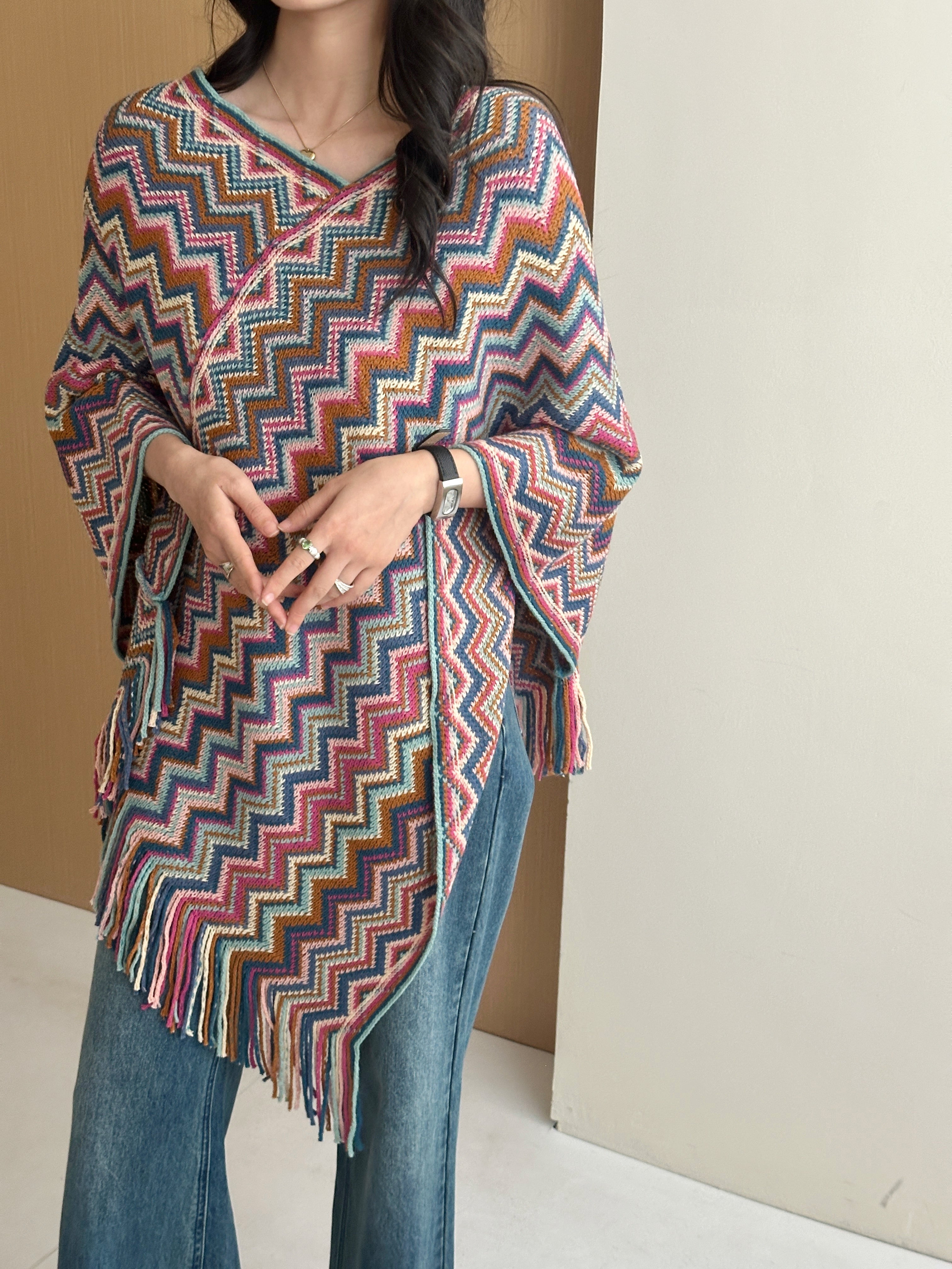 Kai Zig Zag Chevron Knitted Cape Blue