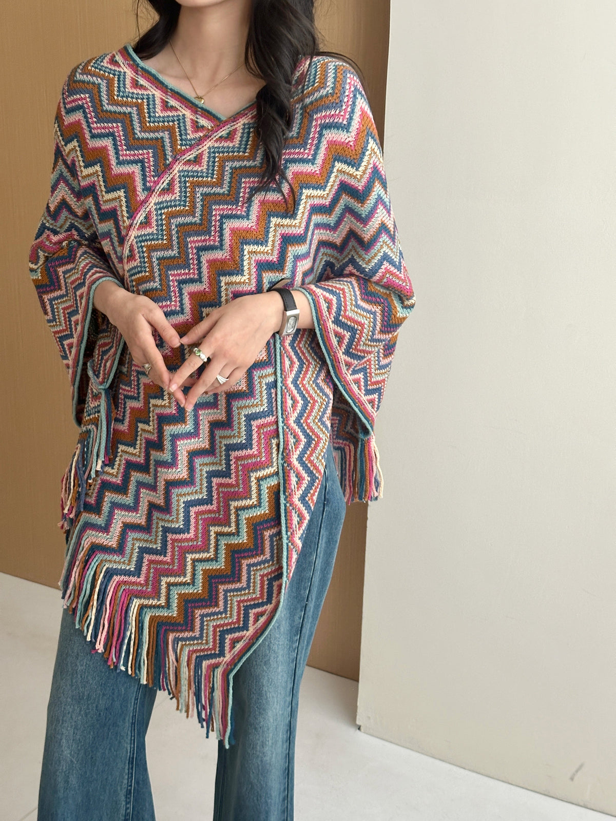 Kai Zig Zag Chevron Knitted Cape Blue